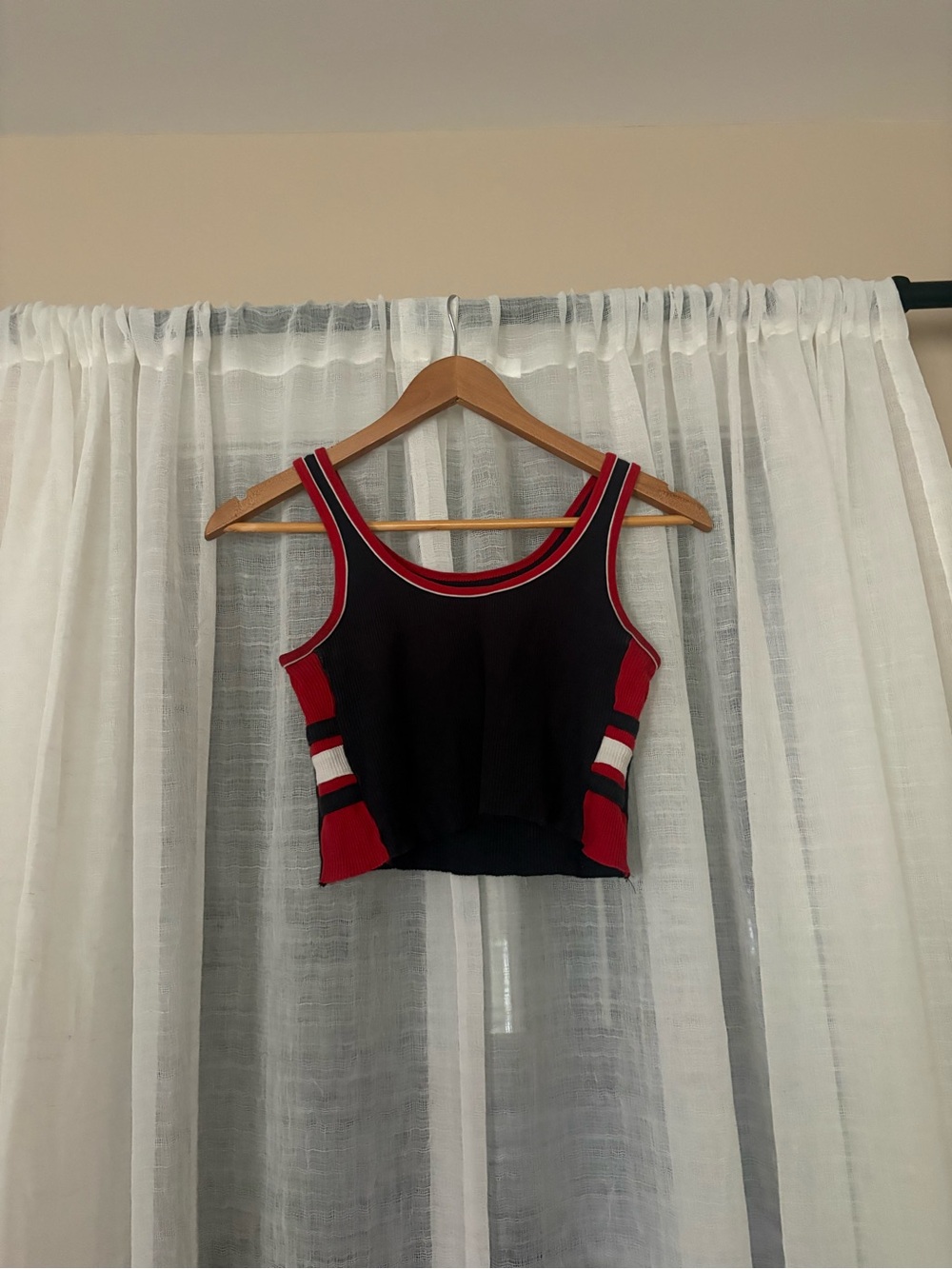Navy & Red Cropped Tank Top with Stripe Detail